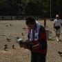 A young man feeds pigeons in a park. Photo by JL, (c) ASC